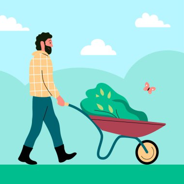 El arabalı bir adam ekmek için bir tohum taşır. Bahçıvanlık ve peyzaj. Doğayla ve ekolojiyle ilgilenmek. Vektör düz resimleme