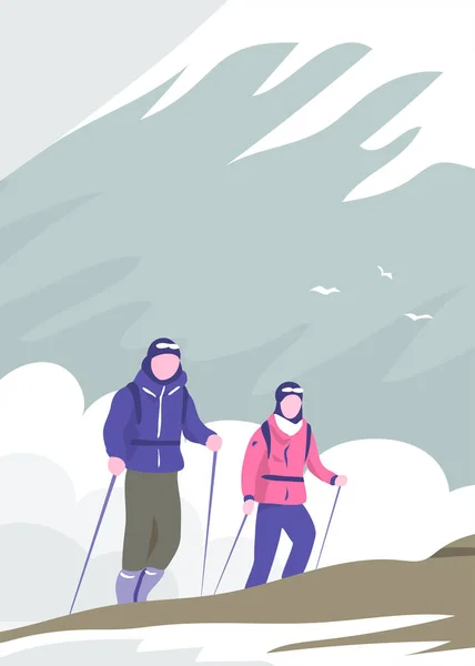 两个登山者在山上 男人和女人背着背包在云彩的背景下远足 又冷又下雪冒险 积极的运动和挑战 媒介插画海报 — 图库矢量图片