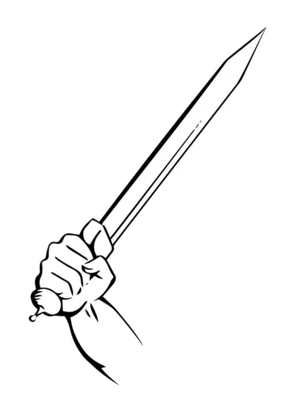 兵士の手に古代の剣 金属の鋭い武器 白を基調としたベクトルアートイラスト 手描き黒と白のスケッチ — ストックベクタ