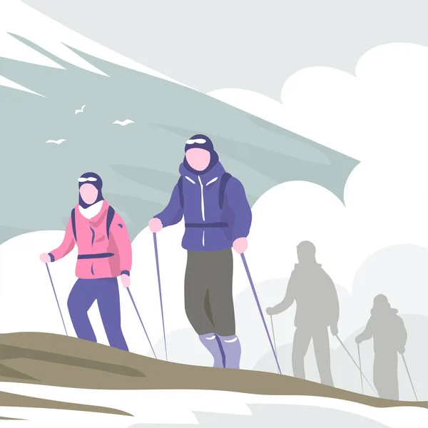 Groupe Alpinistes Avec Sacs Dos Sur Montagne — Image vectorielle