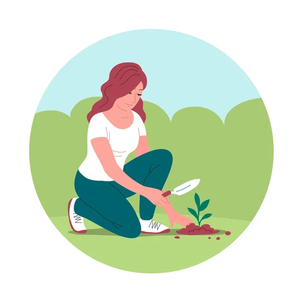Girl Planted Young Green Seedling Ground Hand Garden Shovel Gardening — Stock Vector
