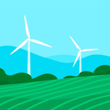 Yeşil alanlarda ekolojik rüzgar jeneratörü. Doğal elektrik. Çevreye önem vermek ve alternatif bir enerji kaynağı. Vektör illüstrasyonu