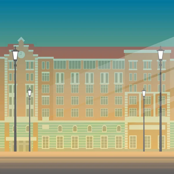 街路灯付きの夜の広場に美しい街の建物 レトロなスタイル 古典的なホテルや劇場の建築 ベクターイラスト — ストックベクタ
