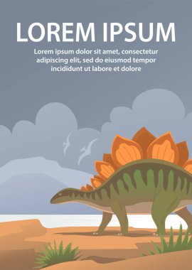 Büyük Stegosaurus kertenkelesi. Jurasik dönemin otçul dinozoru. Tarih öncesi vahşi yaşam manzarası. Poster tasarımı. Çizgi film vektör illüstrasyonu