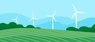 Yeşil alanlarda ekolojik rüzgar jeneratörü. Doğal elektrik. Çevreye önem vermek ve alternatif bir enerji kaynağı. Vektör illüstrasyon panoraması