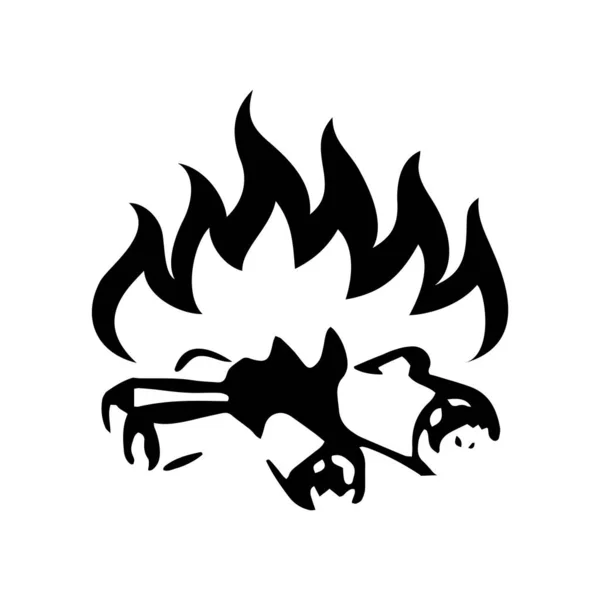 夜间篝火与柴火 火焰之火 在白色背景上孤立的向量图解 黑色图标轮廓 — 图库矢量图片