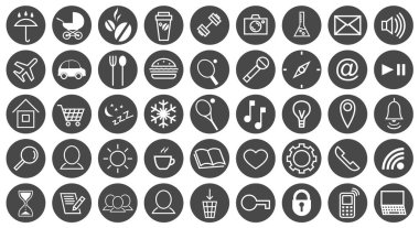 Yaşam tarzı teması üzerine yuvarlak siyah simge seti. Boş zaman, iş, spor, yemek ve hobi. Vektör izole illüstrasyonu