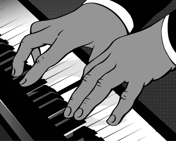 男性の手はピアノの鍵を演奏する ピアニスト 作曲家はクラシック音楽を演奏する 白黒のベクターイラスト レトロなポップアート 手描き — ストックベクタ