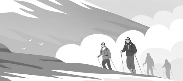 Gente Escalando Montaña Caminante Con Mochilas Fondo Una Nube Frío — Foto de Stock