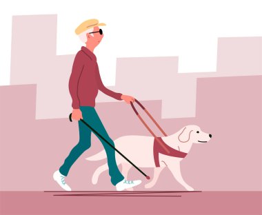 Kör yaşlı adam ve rehber köpek. Şehir sokağı. Gözlerde gözlük var. Evcil hayvan arkadaşı ve yardımcısı. Düz vektör illüstrasyonu