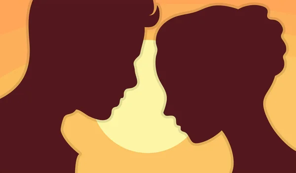 一个年轻男人和一个女孩的轮廓 橙色日落 面对现实恋爱中的情侣艺术浪漫矢量图解 — 图库矢量图片