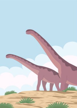 Uzun boyunlu büyük bir alamosaurus. Jurasik dönemin otçul dinozor sauropodları. Tarih öncesi kertenkele. Vektör çizgi film illüstrasyonu