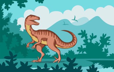 Tehlikeli pençeleri olan Velociraptor. Jurasik dönemin yırtıcı dinozoru. Güçlü avcı yırtıcı. Tarih öncesi manzara ve pangolin. Çizgi film vektör sanat çizimi el çizimi