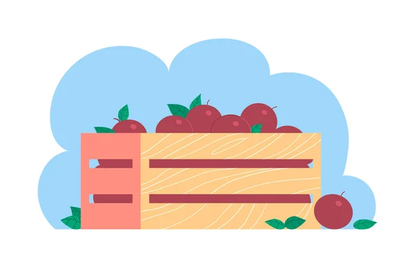 Illustration Einer Holzkiste Mit Roten Frischen Äpfeln — Stockvektor