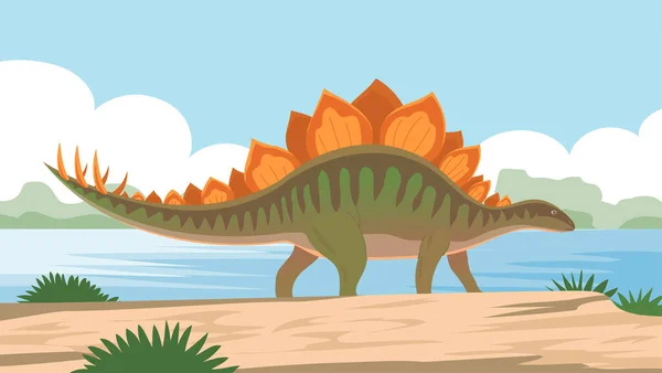 尾にスパイクのあるステゴサウルス ジュラ紀の草食恐竜 先史時代の野生動物の風景 漫画ベクトルイラスト — ストックベクタ