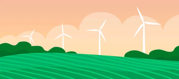 stock image Ecological turbine wind generator on green fields. Natural electricity. Caring for the environment and an alternative source of energy. Flat illustration panorama