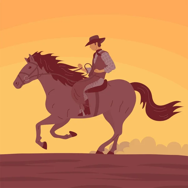Kowboj Kapeluszu Jeździ Konno Pustynia Gorący Zachód Słońca Dziki Zachód — Wektor stockowy