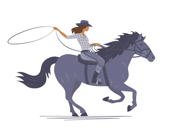 Cowboy Girl Rides Horse White Background — Stock Vector