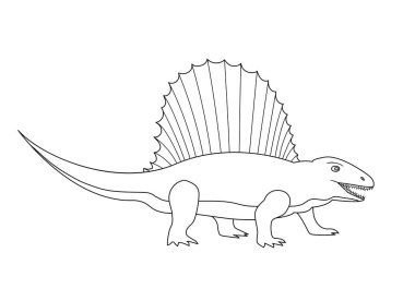 Jurasik dönemin Dimetrodon dinozor avcısı. Tarih öncesi pangolin. Arkasında yüzgeç plakası var. Vektör karikatür çizimi. Siyah beyaz çizgi. Çocuklar için boyama sayfası