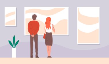 Sanat müzesinde sanat sergisi. Çağdaş sanat galerisi. Bir adam ve bir kadın bir resme bakıyorlar. Düz vektör illüstrasyonu