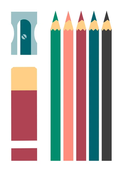 文具盒 学校工具 彩色铅笔 橡皮和削笔器 商业和办公室工作 白色背景上孤立的平面矢量图解 — 图库矢量图片