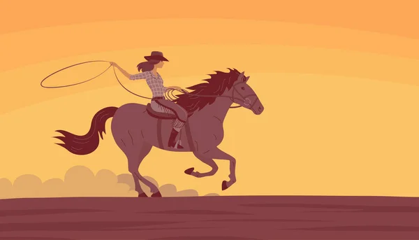 Μια Όμορφη Καουμπόισσα Καπέλο Καβαλάει Άλογο Έρημος Και Ζεστό Ηλιοβασίλεμα — Διανυσματικό Αρχείο