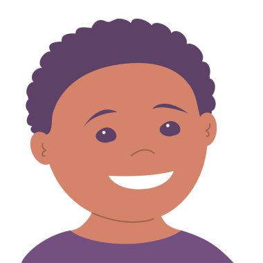 Küçük mutlu bir çocuğun karikatür portresi. Yüzünde bir gülümseme. Neşeli Afrikalı Amerikalı çocuk. Mutlu bir çocukluk. Düz vektör illüstrasyonu