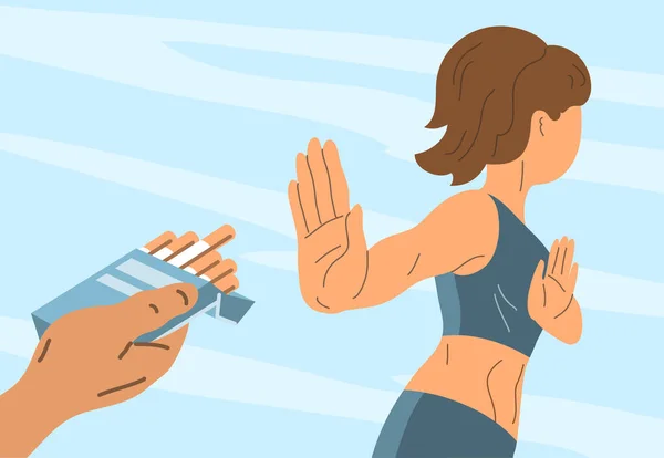 Athlétique Jeune Femme Propose Fumer Cigarette Rejet Geste Main Non — Image vectorielle