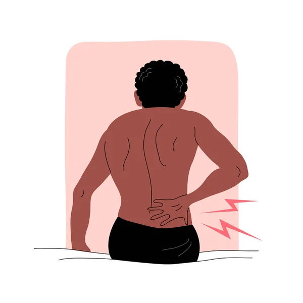 Man Back Pain Sits Bed — 图库矢量图片