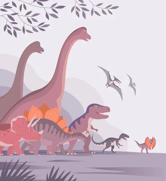 Группа Динозавров Тирекс Брахиозавр Птеранодон Трицератопс Юрские Животные Детские Игрушки — стоковый вектор