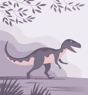 Tehlikeli pençeleri olan Velociraptor. Jurasik dönemin yırtıcı dinozoru. Güçlü avcı yırtıcı. Tarih öncesi manzara ve pangolin. Çizgi film vektör illüstrasyonu