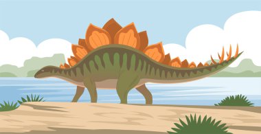 Kuyruğunda çiviler olan bir Stegosaurus. Jurasik dönemin otçul dinozoru. Tarih öncesi vahşi yaşam manzarası. Çizgi film illüstrasyonu