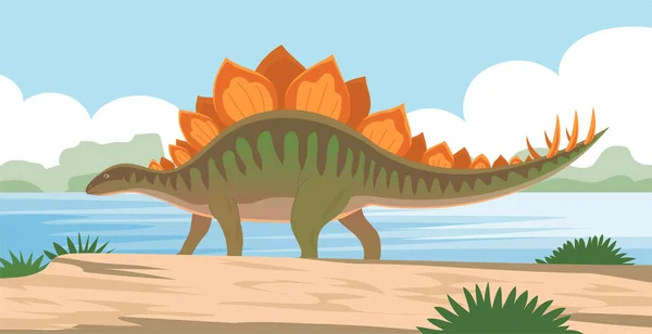 尾にスパイクのあるステゴサウルス ジュラ紀の草食恐竜 先史時代の野生動物の風景 漫画イラスト — ストック写真