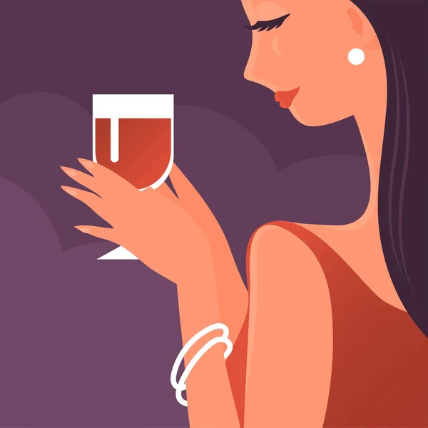 Schöne Junge Frau Mit Einem Glas Rotwein — Stockvektor