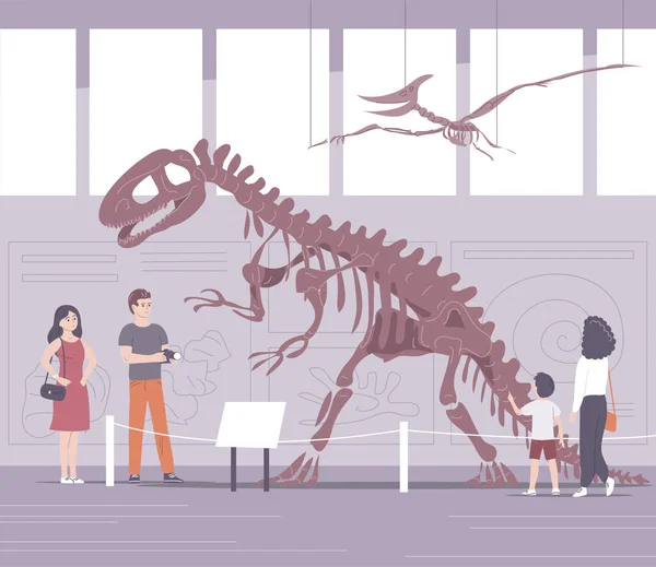 Museum Paleontologi Dengan Kerangka Dinosaurus Orang Dewasa Dan Anak Anak - Stok Vektor