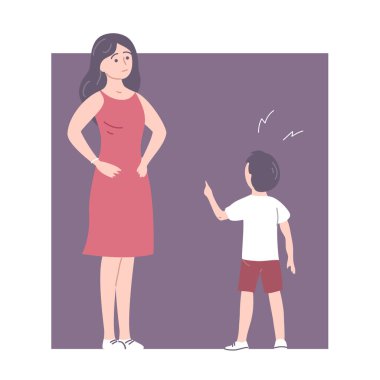 Küçük çocuk annesine kaba davranır. Aile çatışması. Kötü davranışları olan itaatsiz bir evlat. Ebeveyn için sorun. Düz vektör illüstrasyonu