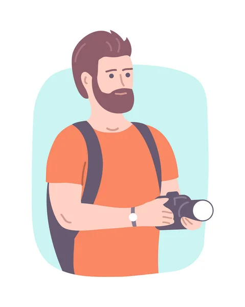 Homme Randonnée Avec Une Caméra Sur Fond Blanc — Image vectorielle