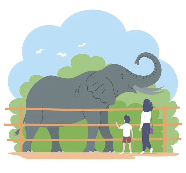Mãe Criança Olham Para Elefante Zoológico Grande Mamífero Herbívoro Africano —  Vetores de Stock