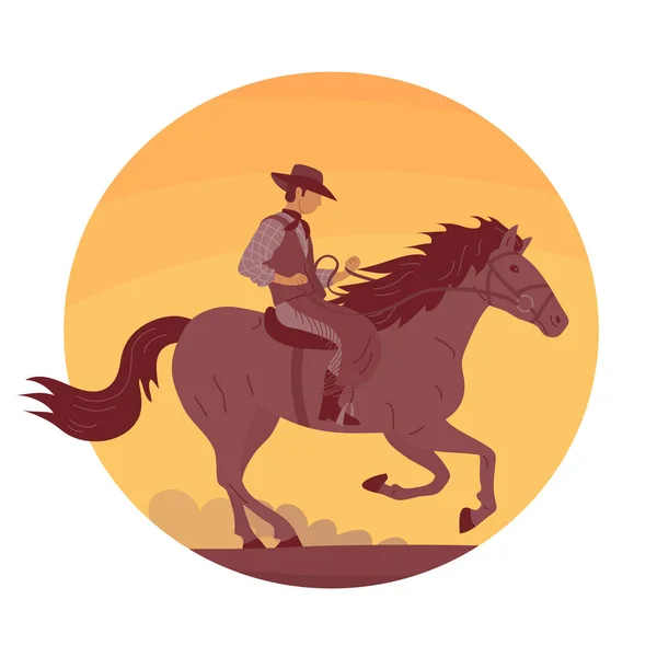 戴帽子的牛仔骑着马 沙漠和炎热的日落 牛仔竞技和赛马 卡通矢量图解 — 图库矢量图片