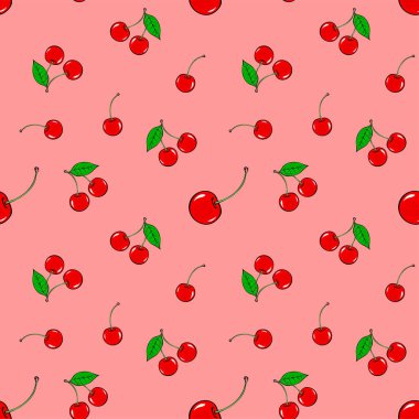 Kirazsız desen. Yapraklı kırmızı böğürtlen. Tatlı, lezzetli böğürtlen. Sağlıklı yiyecekler. Kumaş, tekstil, kartpostal, etiket, ambalaj için tasarım. Pembe arkaplanda resim çizimi