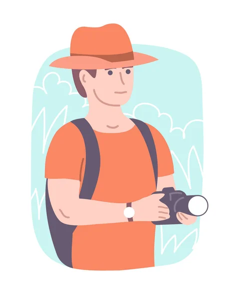 Caminhando Homem Com Uma Câmera Turista Europeu Com Uma Mochila — Vetor de Stock