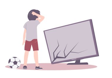 Küçük çocuk bir futbol topuyla televizyonu kırdı. Kırık ekran. Suçluluk ve hayal kırıklığı. Çizgi film vektör çizimi beyaz arkaplanda izole edildi