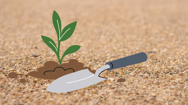 Green Sprout Plant Garden Shovel Young Seedling Ground Gardening Outdoors — Stock Photo, Image