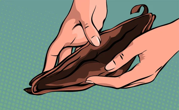 一个女人手里拿着空钱包不用钱币特写就打开钱包 金融危机 失业和贫穷 社会问题 卡通矢量插图流行艺术 — 图库矢量图片