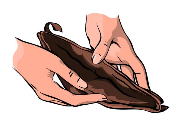 女性の手に財布を空にします お金を閉じずに財布を開きます 金融危機 社会問題 白い背景に孤立した漫画のベクトルイラスト — ストックベクタ