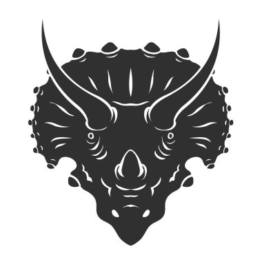 Triceratops 'un güçlü boynuzları ve kapüşonu var. Otçul güçlü dinozor Jurassic dönemi. Koca kertenkele. Beyaz arkaplanda vektör çizimi izole edildi. Siyah siluet. Tasarım logosu, amblem