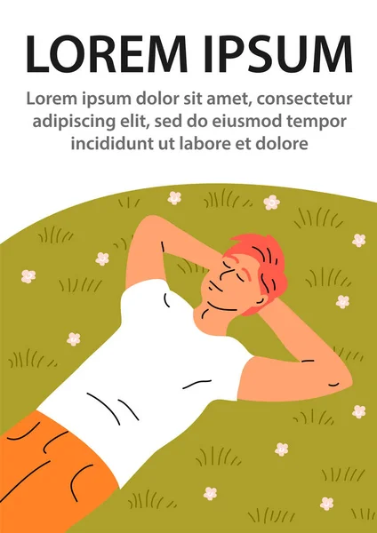 若い男が緑の草の上に横たわって休んでいる 週末と休暇の概念 屈託のない少年は眠り夢を見る フラットベクトルイラストポスター — ストックベクタ