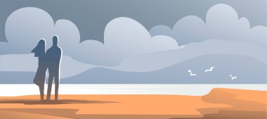 Seascape with coast, cloud and mountains. Beautiful nature wildlife. Wild beach. Sea and seagulls. Flat vector illustration background