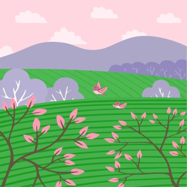 Tarlaları ve ormanları olan güzel bir bahar manzarası. Güzel manzara. Ağaçlarda yapraklar, kuşlar uçar. Yeşil çimenler. Bulutlu dağ ve gökyüzü. Çizgi film vektör illüstrasyonu