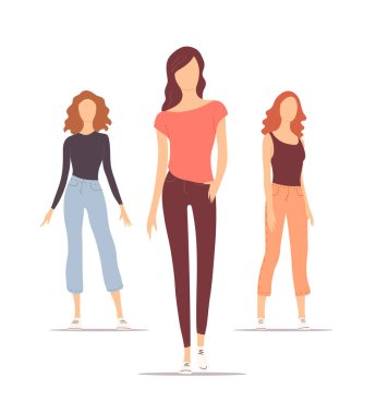 Yaz kıyafetleri içinde güzel modern kızlar. Moda kadın modeli. Genç kadın güzelliği. Vektör izole edilmiş düz çizim. Beyaz arkaplan